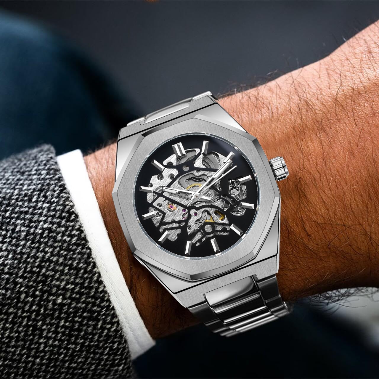 Luxury Forsining Skeleton Automatic Watch – Stainless Steel Mechanical Timepiece