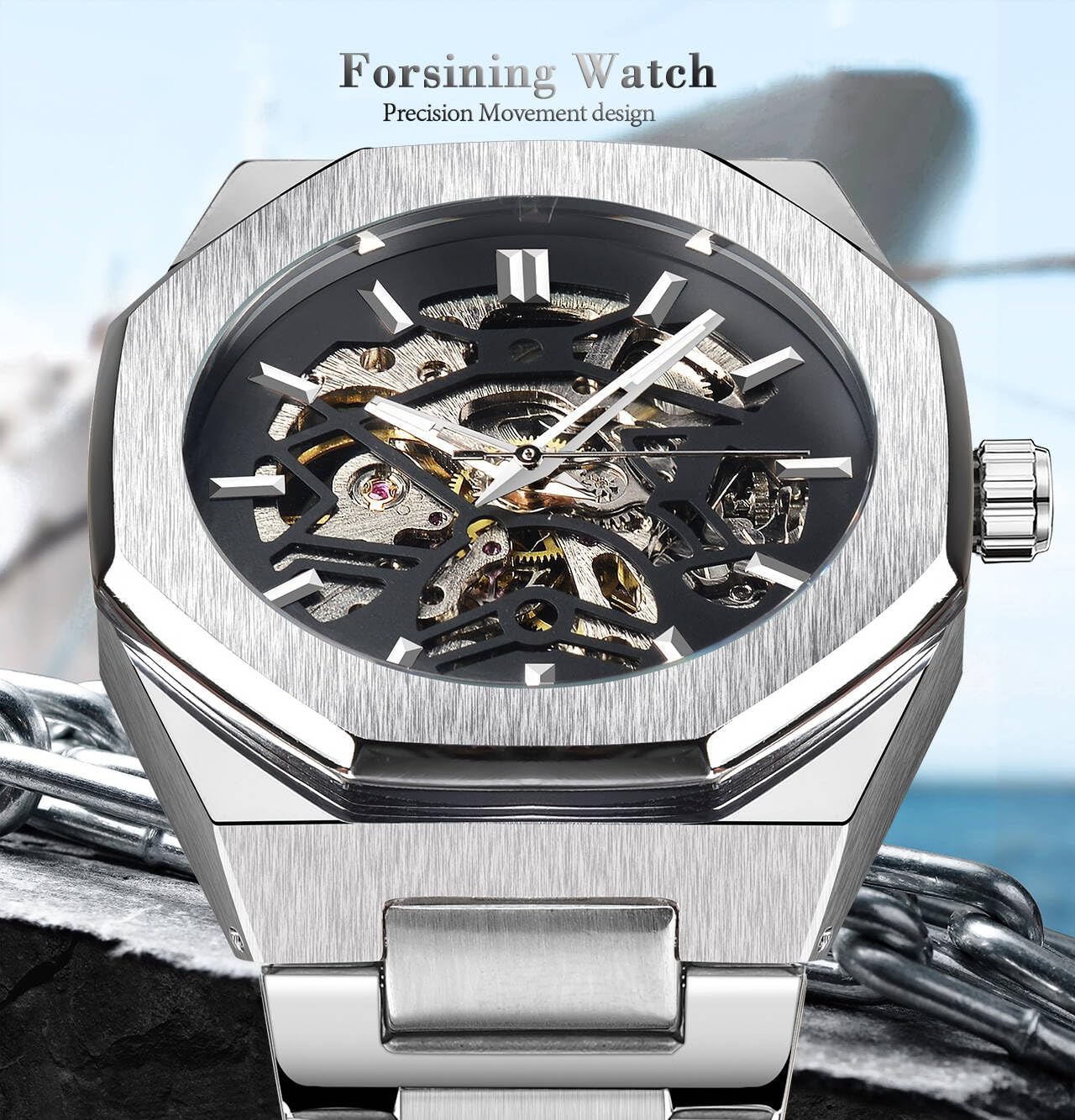 Luxury Forsining Skeleton Automatic Watch – Stainless Steel Mechanical Timepiece